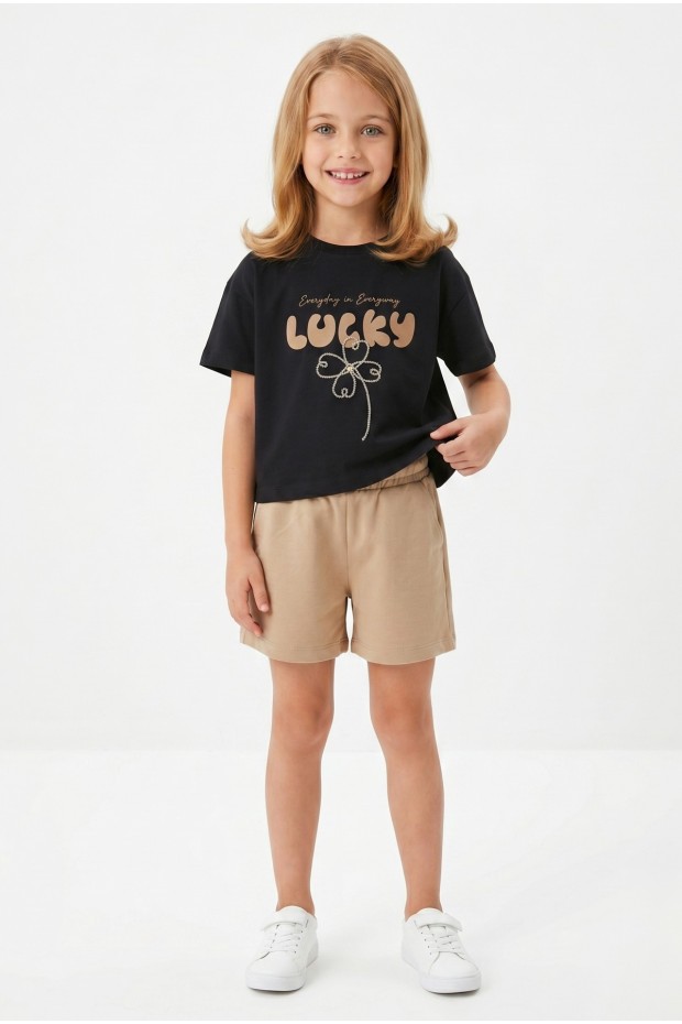 Kız Çocuk %100 Pamuk Lucky Baskılı Süprem Tişört Alt İki İplik Cepli Şortlu Takım
