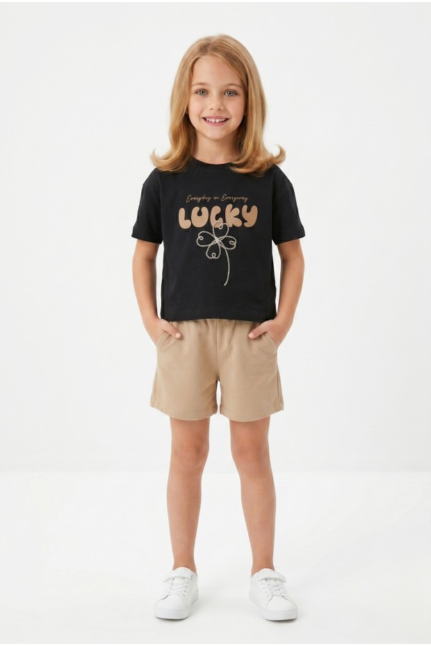 Kız Çocuk %100 Pamuk Lucky Baskılı Süprem Tişört Alt İki İplik Cepli Şortlu Takım