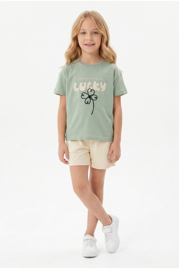 Kız Çocuk %100 Pamuk Lucky Baskılı Süprem Tişört Alt İki İplik Cepli Şortlu Takım