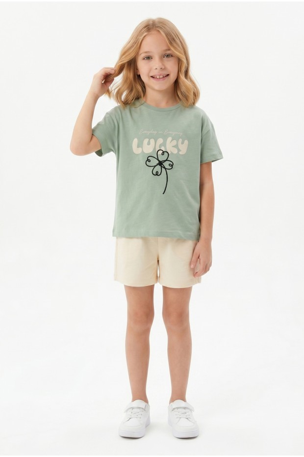 Kız Çocuk %100 Pamuk Lucky Baskılı Süprem Tişört Alt İki İplik Cepli Şortlu Takım