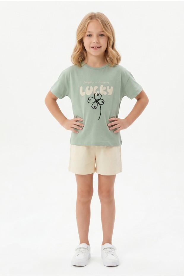 Kız Çocuk %100 Pamuk Lucky Baskılı Süprem Tişört Alt İki İplik Cepli Şortlu Takım