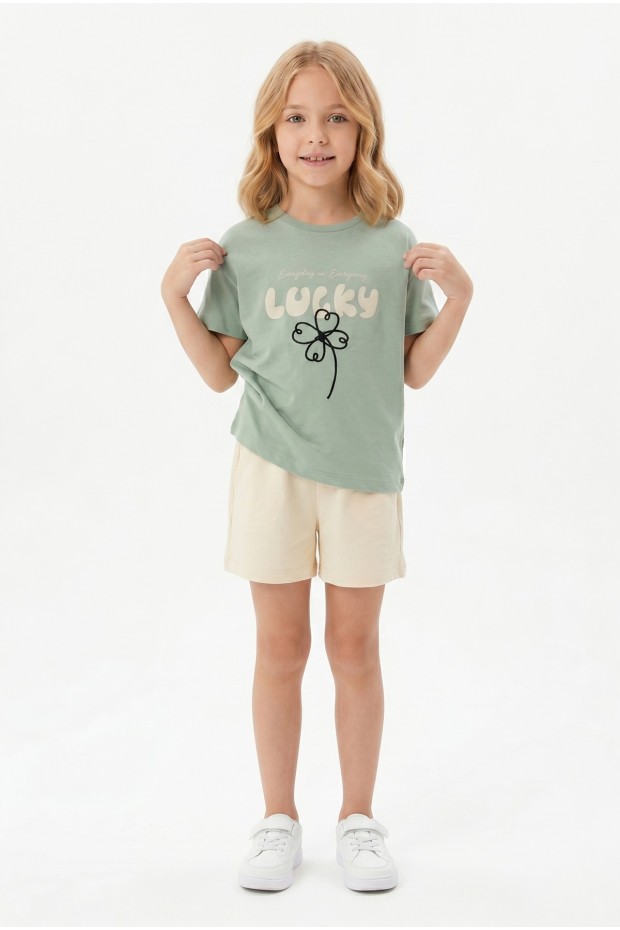 Kız Çocuk %100 Pamuk Lucky Baskılı Süprem Tişört Alt İki İplik Cepli Şortlu Takım