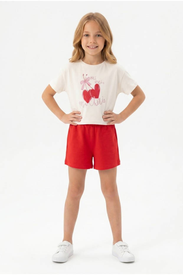 Kız Çocuk %100 Pamuk Ön Kiraz Kalp Baskılı Süprem Tişört Alt İki İplik Cepli Şortlu Takım