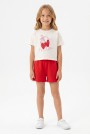 Kız Çocuk %100 Pamuk Ön Kiraz Kalp Baskılı Süprem Tişört Alt İki İplik Cepli Şortlu Takım