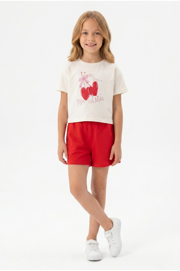 Kız Çocuk %100 Pamuk Ön Kiraz Kalp Baskılı Süprem Tişört Alt İki İplik Cepli Şortlu Takım