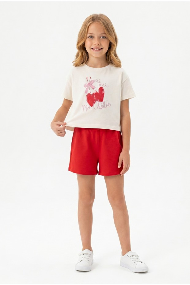 Kız Çocuk %100 Pamuk Ön Kiraz Kalp Baskılı Süprem Tişört Alt İki İplik Cepli Şortlu Takım