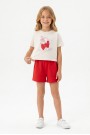 Kız Çocuk %100 Pamuk Ön Kiraz Kalp Baskılı Süprem Tişört Alt İki İplik Cepli Şortlu Takım