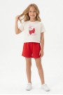 Kız Çocuk %100 Pamuk Ön Kiraz Kalp Baskılı Süprem Tişört Alt İki İplik Cepli Şortlu Takım