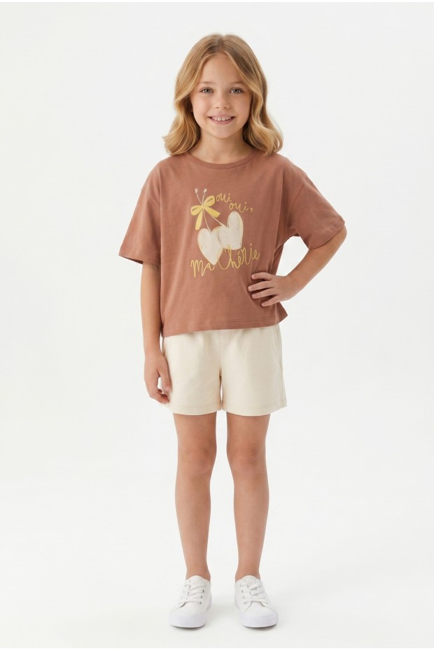 Kız Çocuk %100 Pamuk Ön Kiraz Kalp Baskılı Süprem Tişört Alt İki İplik Cepli Şortlu Takım