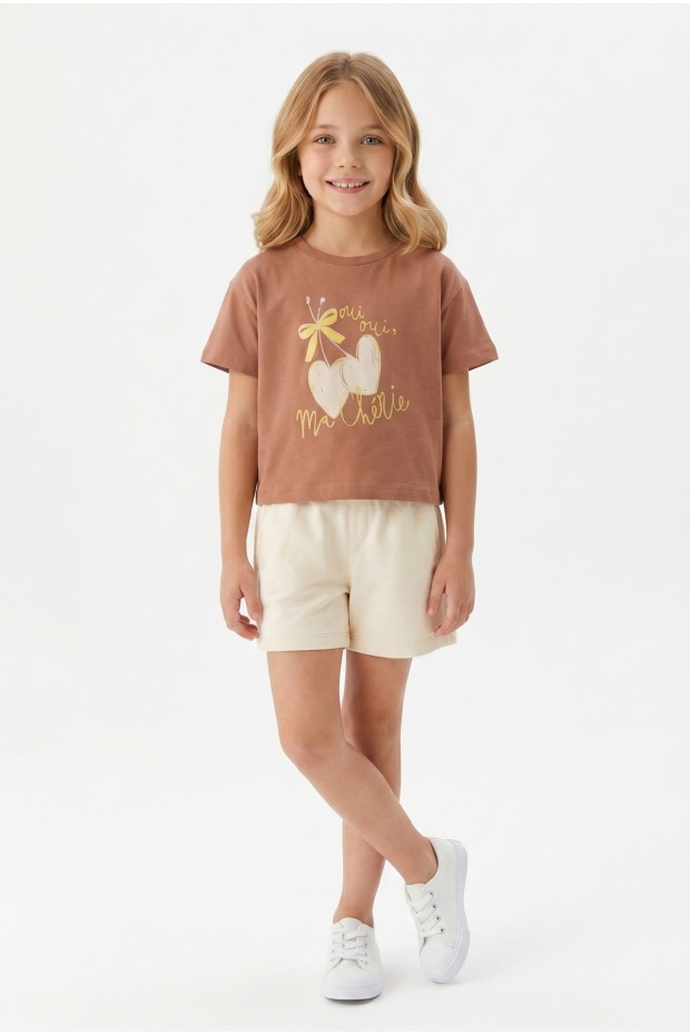 Kız Çocuk %100 Pamuk Ön Kiraz Kalp Baskılı Süprem Tişört Alt İki İplik Cepli Şortlu Takım