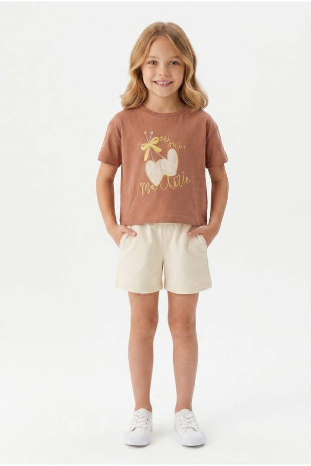 Kız Çocuk %100 Pamuk Ön Kiraz Kalp Baskılı Süprem Tişört Alt İki İplik Cepli Şortlu Takım