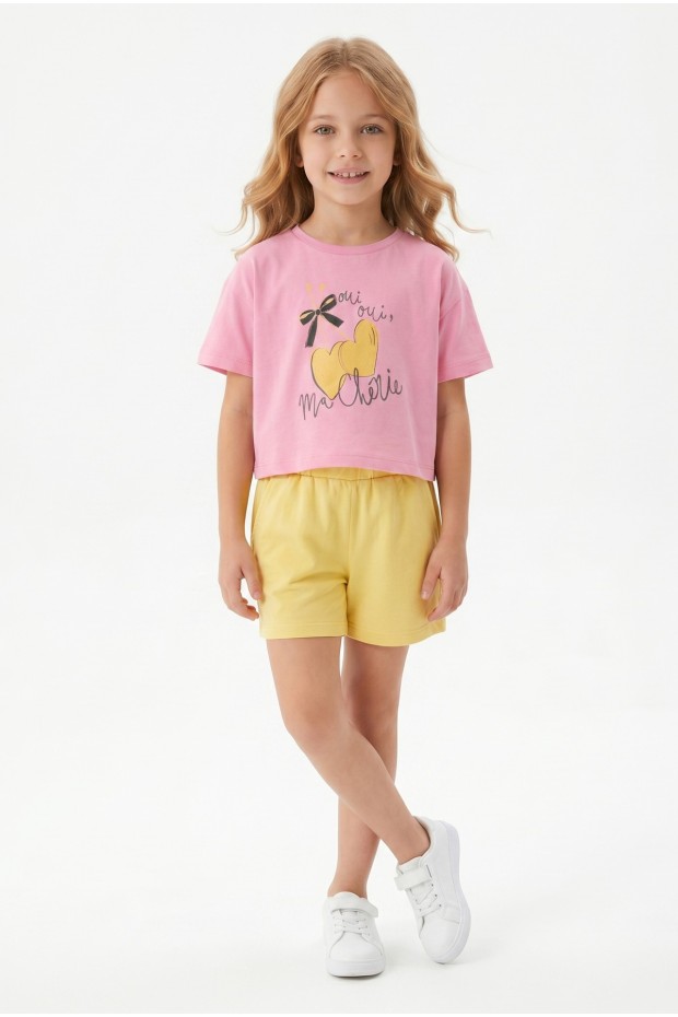 Kız Çocuk %100 Pamuk Ön Kiraz Kalp Baskılı Süprem Tişört Alt İki İplik Cepli Şortlu Takım