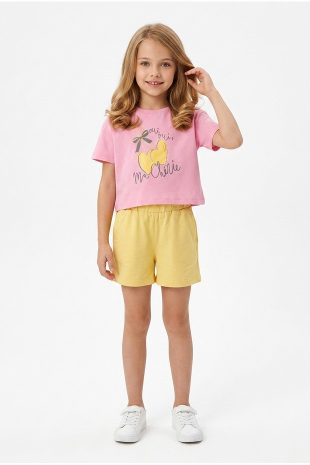 Kız Çocuk %100 Pamuk Ön Kiraz Kalp Baskılı Süprem Tişört Alt İki İplik Cepli Şortlu Takım