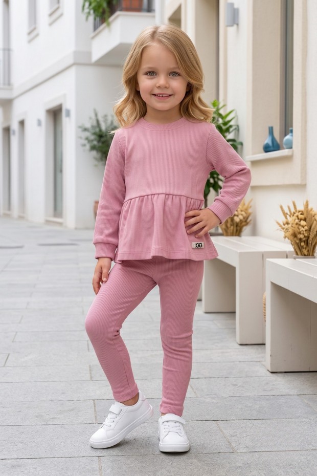 Kız Bebek %100 Pamuk Kaşkorse Kumaş Eteği Fırfırlı Armalı Uzun Kollu Taytlı Takım