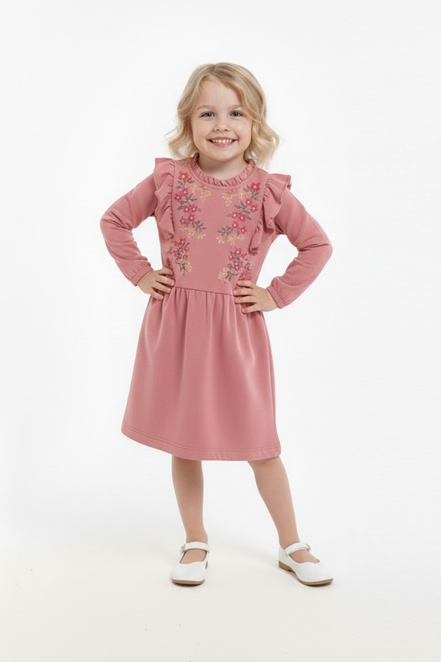Kız Çocuk Nakışlı ve Omuz Fırfır Detaylı Süprem Kumaş Uzun Kollu Elbise