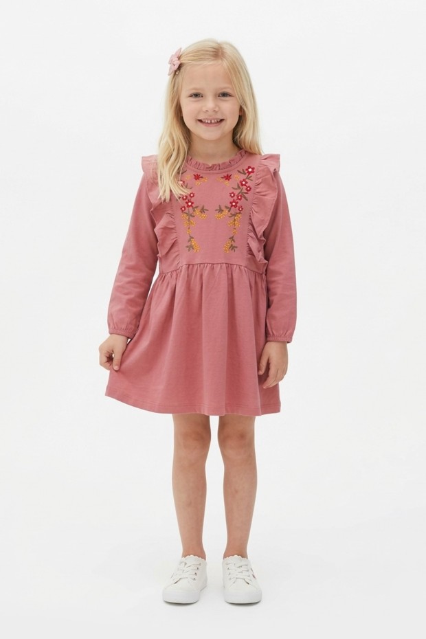 Kız Çocuk Nakışlı ve Omuz Fırfır Detaylı Süprem Kumaş Uzun Kollu Elbise