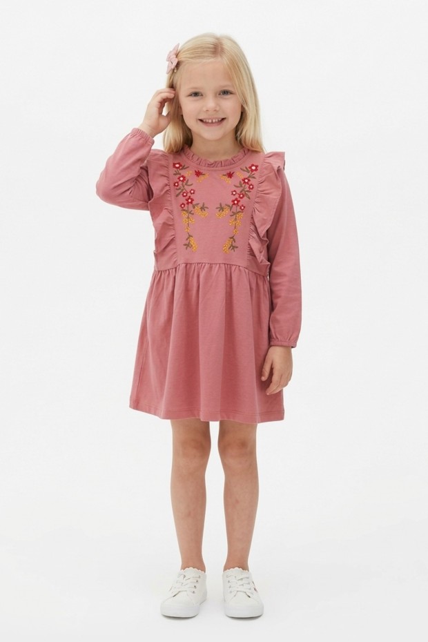 Kız Çocuk Nakışlı ve Omuz Fırfır Detaylı Süprem Kumaş Uzun Kollu Elbise