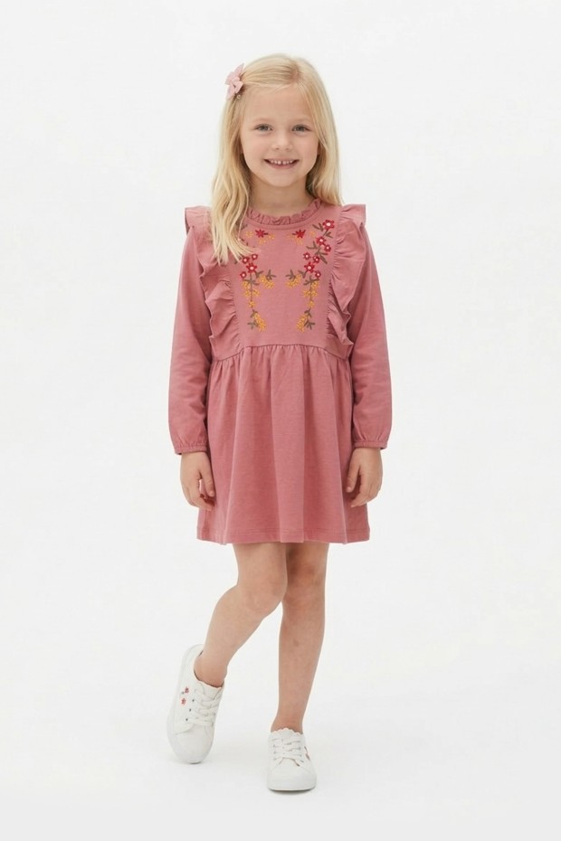 Kız Çocuk Nakışlı ve Omuz Fırfır Detaylı Süprem Kumaş Uzun Kollu Elbise