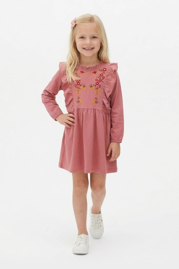 Kız Çocuk Nakışlı ve Omuz Fırfır Detaylı Süprem Kumaş Uzun Kollu Elbise