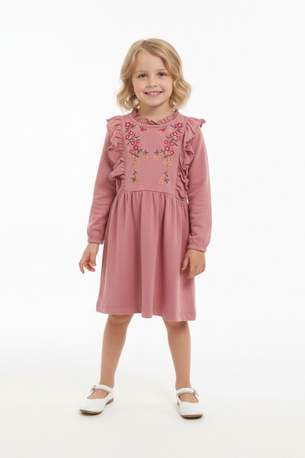 Kız Çocuk Nakışlı ve Omuz Fırfır Detaylı Süprem Kumaş Uzun Kollu Elbise