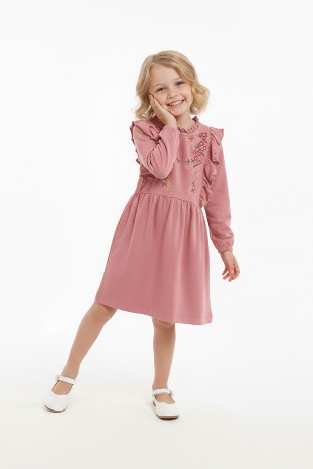 Kız Çocuk Nakışlı ve Omuz Fırfır Detaylı Süprem Kumaş Uzun Kollu Elbise