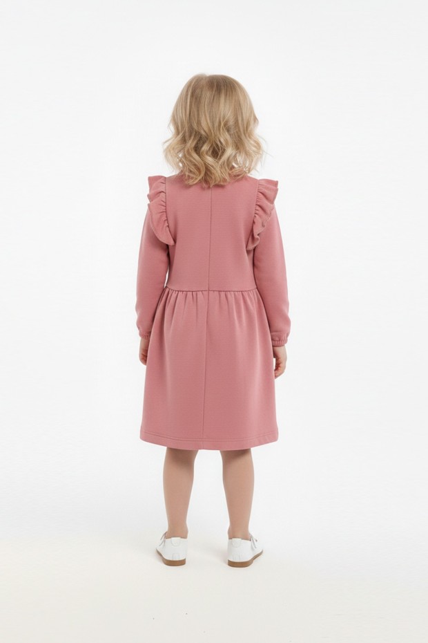 Kız Çocuk Nakışlı ve Omuz Fırfır Detaylı Süprem Kumaş Uzun Kollu Elbise