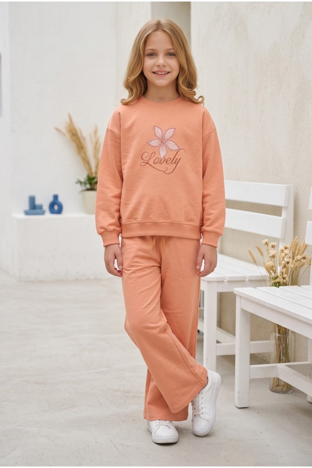 Kız Çocuk Çiçek Baskılı %100 Pamuk İki İplik Kumaş Cepli Bol Paça Pantolonlu Takım