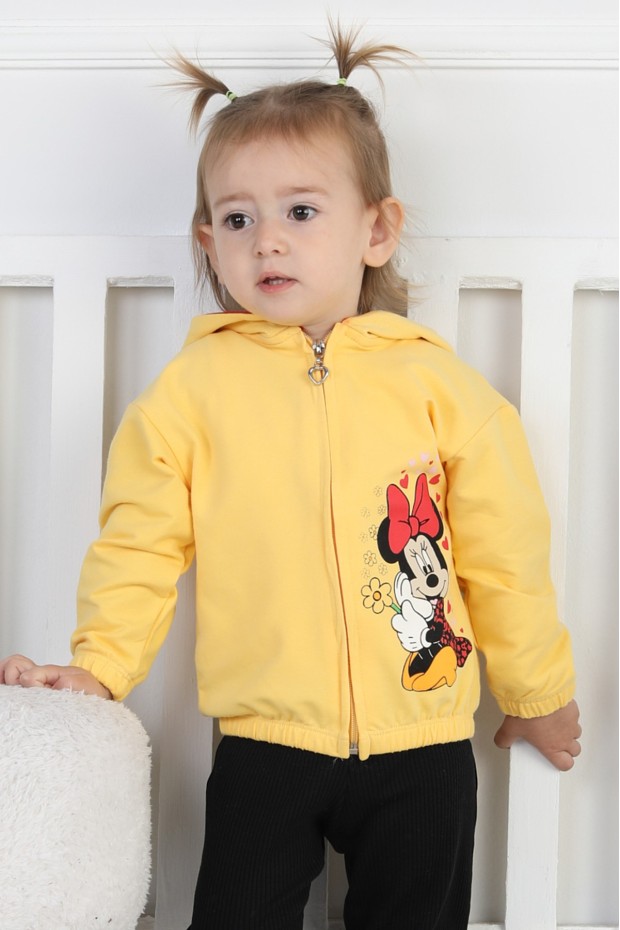 İki İplik Fırçalı Kumaş Kapüşonlu Baskılı Günlük Kullanım Bebe Hırka