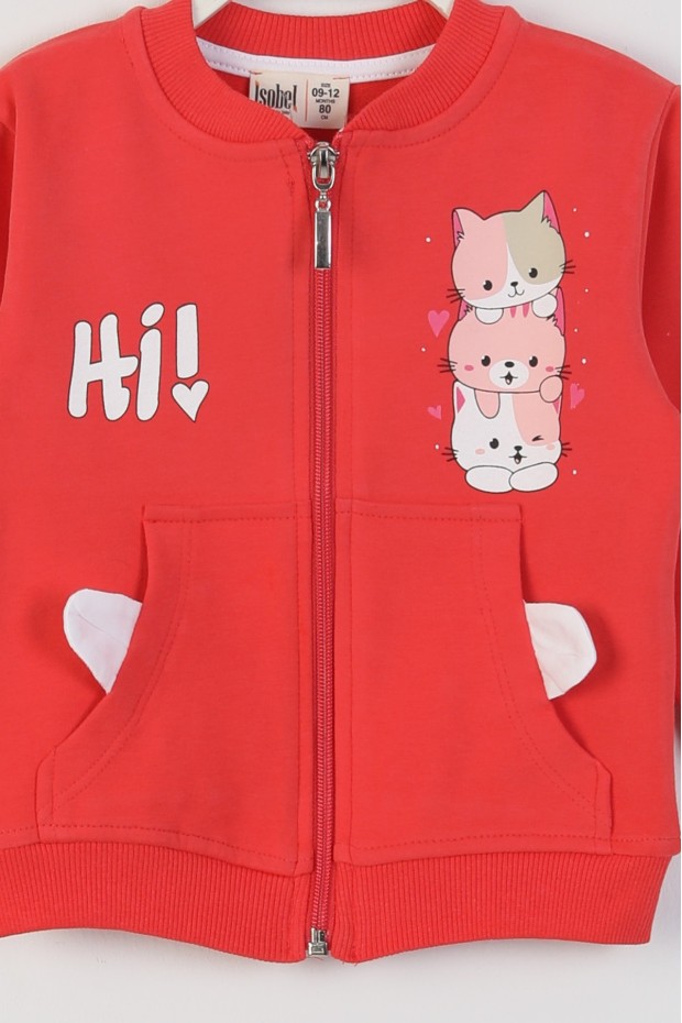 İki İplik Fırçalı Kumaş Kulaklı Cepli Kedi Baskılı Günlük Kullanım Bebe Hırka