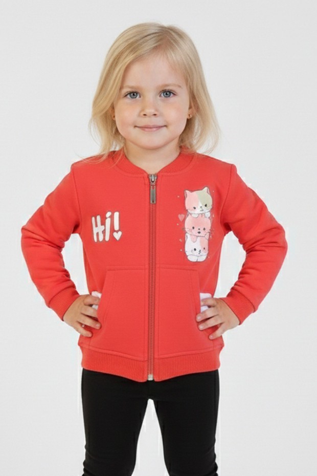 İki İplik Fırçalı Kumaş Kulaklı Cepli Kedi Baskılı Günlük Kullanım Bebe Hırka 