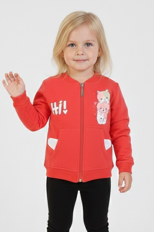 İki İplik Fırçalı Kumaş Kulaklı Cepli Kedi Baskılı Günlük Kullanım Bebe Hırka 