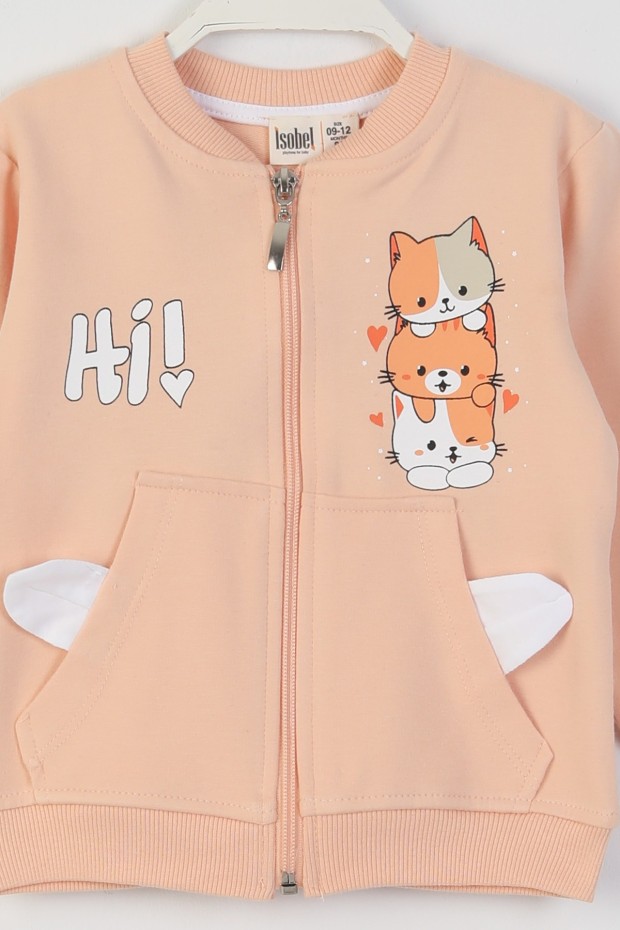 İki İplik Fırçalı Kumaş Kulaklı Cepli Kedi Baskılı Günlük Kullanım Bebe Hırka