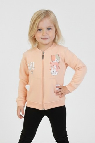 İki İplik Fırçalı Kumaş Kulaklı Cepli Kedi Baskılı Günlük Kullanım Bebe Hırka 