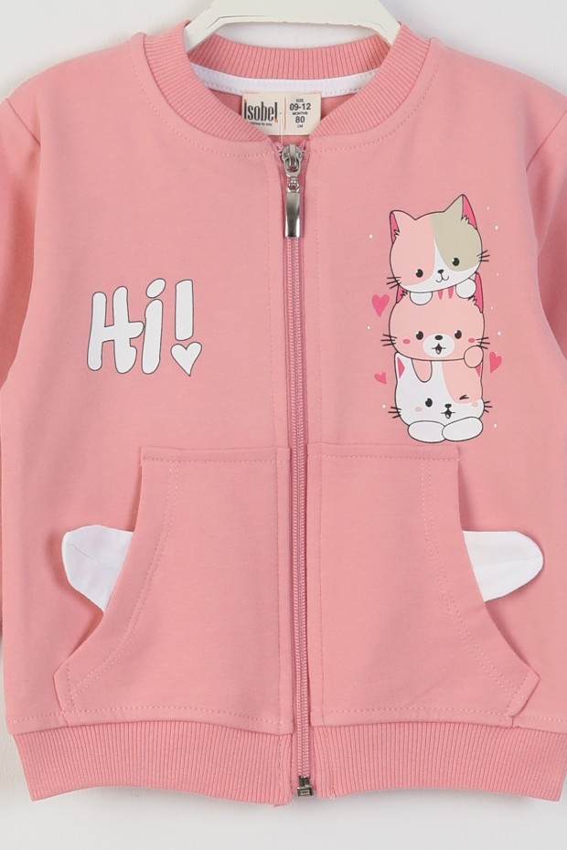 İki İplik Fırçalı Kumaş Kulaklı Cepli Kedi Baskılı Günlük Kullanım Bebe Hırka