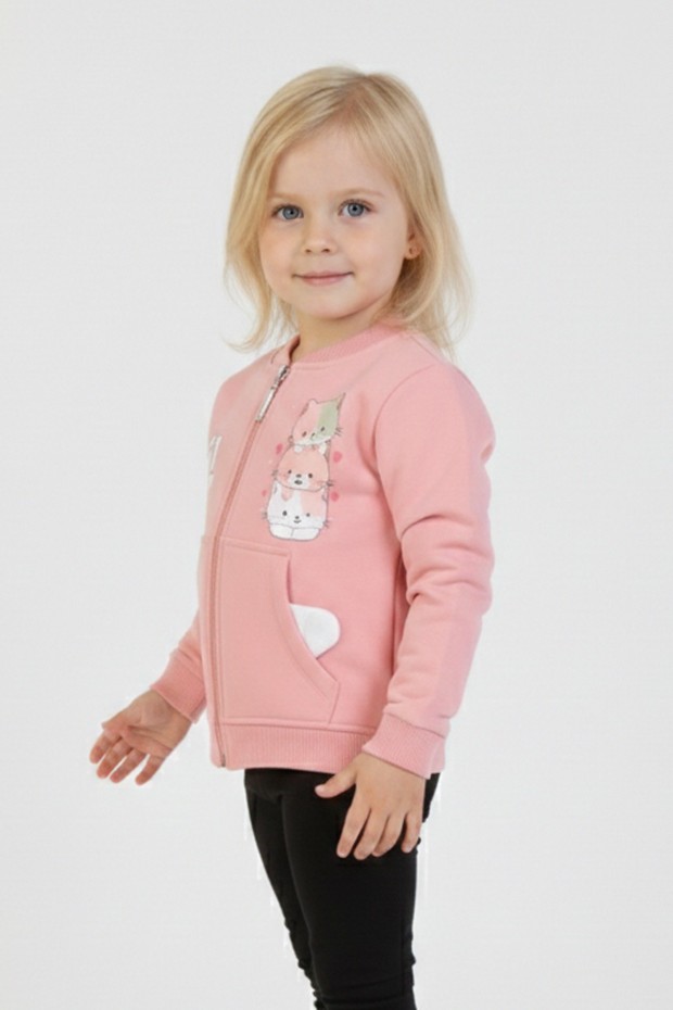 İki İplik Fırçalı Kumaş Kulaklı Cepli Kedi Baskılı Günlük Kullanım Bebe Hırka 