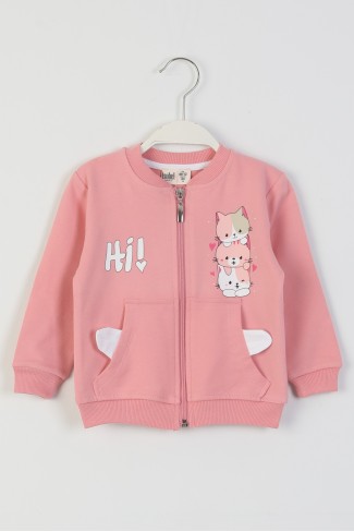 İki İplik Fırçalı Kumaş Kulaklı Cepli Kedi Baskılı Günlük Kullanım Bebe Hırka