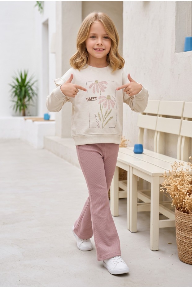 Kız Çocuk Çiçek Baskılı %100 Pamuk İki İplik Kumaş Fırçalı Sweatshirt Ve Fitilli İspanyol Paça Pantolonlu Takım
