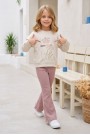 Kız Çocuk Çiçek Baskılı %100 Pamuk İki İplik Kumaş Fırçalı Sweatshirt Ve Fitilli İspanyol Paça Pantolonlu Takım
