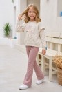 Kız Çocuk Çiçek Baskılı %100 Pamuk İki İplik Kumaş Fırçalı Sweatshirt Ve Fitilli İspanyol Paça Pantolonlu Takım