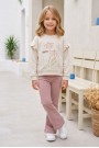 Kız Çocuk Çiçek Baskılı %100 Pamuk İki İplik Kumaş Fırçalı Sweatshirt Ve Fitilli İspanyol Paça Pantolonlu Takım