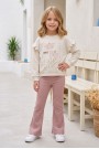 Kız Çocuk Çiçek Baskılı %100 Pamuk İki İplik Kumaş Fırçalı Sweatshirt Ve Fitilli İspanyol Paça Pantolonlu Takım