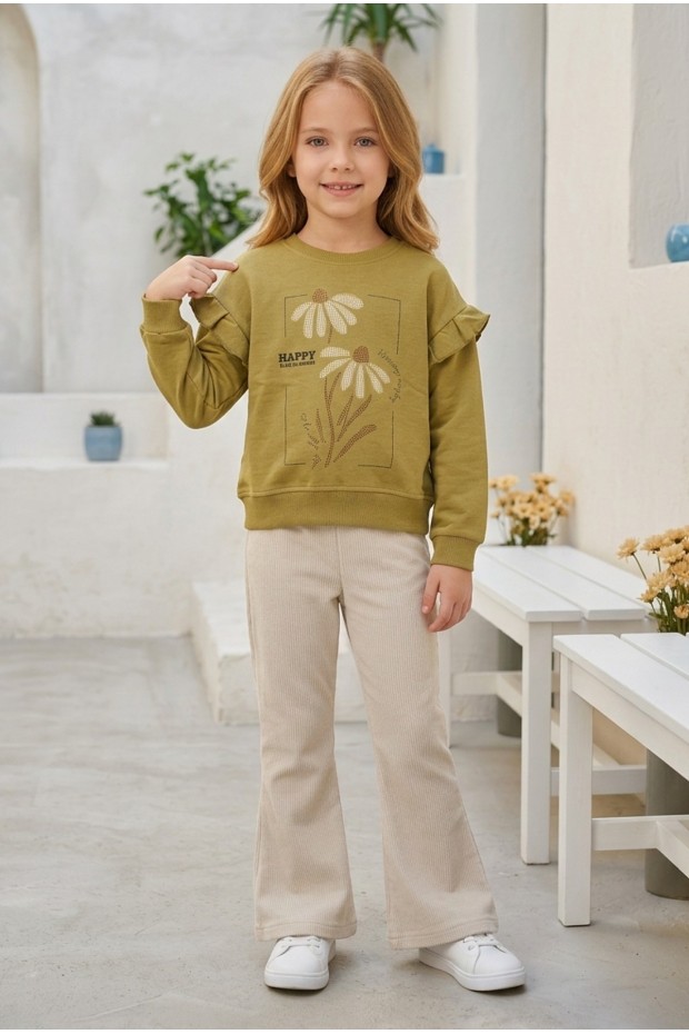 Kız Çocuk Çiçek Baskılı %100 Pamuk İki İplik Kumaş Fırçalı Sweatshirt Ve Fitilli İspanyol Paça Pantolonlu Takım