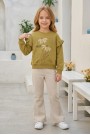 Kız Çocuk Çiçek Baskılı %100 Pamuk İki İplik Kumaş Fırçalı Sweatshirt Ve Fitilli İspanyol Paça Pantolonlu Takım