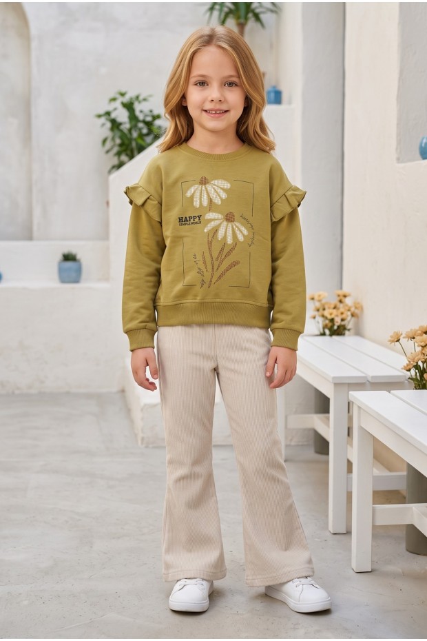 Kız Çocuk Çiçek Baskılı %100 Pamuk İki İplik Kumaş Fırçalı Sweatshirt Ve Fitilli İspanyol Paça Pantolonlu Takım