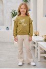 Kız Çocuk Çiçek Baskılı %100 Pamuk İki İplik Kumaş Fırçalı Sweatshirt Ve Fitilli İspanyol Paça Pantolonlu Takım