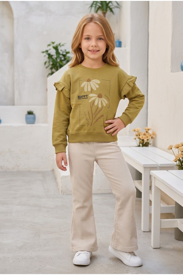Kız Çocuk Çiçek Baskılı %100 Pamuk İki İplik Kumaş Fırçalı Sweatshirt Ve Fitilli İspanyol Paça Pantolonlu Takım