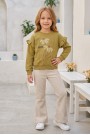 Kız Çocuk Çiçek Baskılı %100 Pamuk İki İplik Kumaş Fırçalı Sweatshirt Ve Fitilli İspanyol Paça Pantolonlu Takım