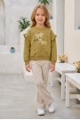 Kız Çocuk Çiçek Baskılı %100 Pamuk İki İplik Kumaş Fırçalı Sweatshirt Ve Fitilli İspanyol Paça Pantolonlu Takım