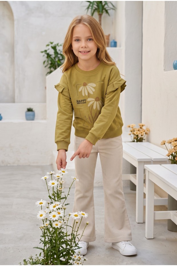 Kız Çocuk Çiçek Baskılı %100 Pamuk İki İplik Kumaş Fırçalı Sweatshirt Ve Fitilli İspanyol Paça Pantolonlu Takım