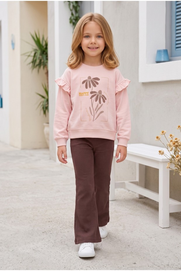 Kız Çocuk Çiçek Baskılı %100 Pamuk İki İplik Kumaş Fırçalı Sweatshirt Ve Fitilli İspanyol Paça Pantolonlu Takım